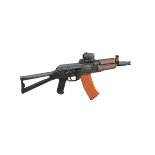 3D модель тактического автомата АК-12 с оранжевым магазином и коллиматорным прицелом, вид сбоку.