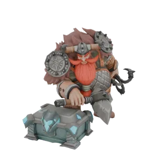 3D model of a fierce Dwarven warrior with a red beard and horned helmet, holding a hammer over a glowing treasure chest.