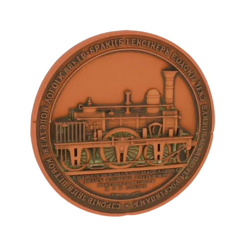 3D модель винтажного русского паровоза 1896 года с деталями и русским текстом по ободу.