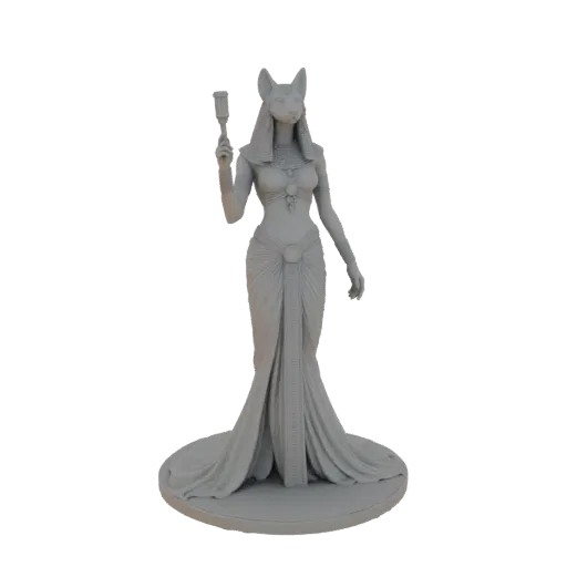 3D модель египетской богини Бастет, изображенная как женщина с кошачьей головой в струящемся платье, держащая скипетр.
