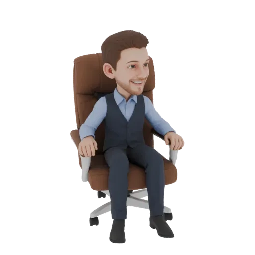 3D модель мультяшного бизнесмена в синей рубашке и темном жилете, улыбающегося сидя в коричневом офисном кресле.
