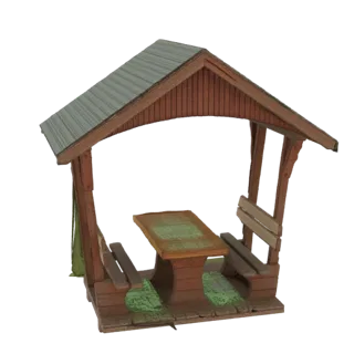 3D модель деревянной беседки в деревенском стиле с наклонной крышей, встроенным деревянным столом и двумя скамейками.