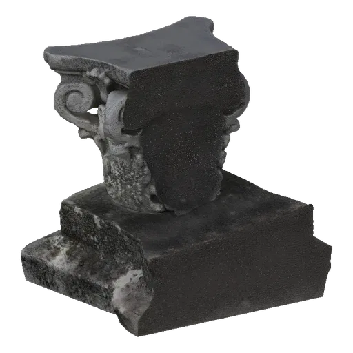 3D модель сломанной капители коринфской колонны с детализированными листьями аканта и волютами, на грубом многоуровневом пьед