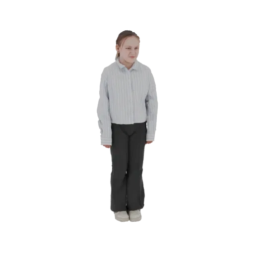 3D модель девочки, стоящей в сине-белой полосатой рубашке и темных брюках.