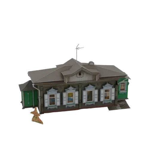 3D модель традиционного русского деревянного дома с резными наличниками и серой крышей на белом фоне.
