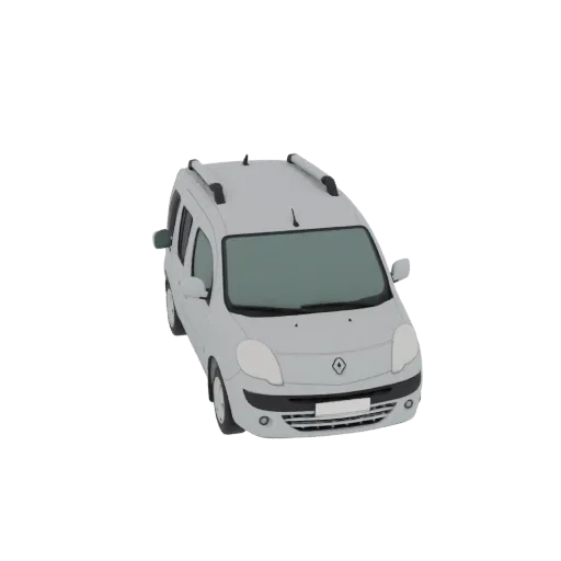 Рендер 3D модели белого Renault Kangoo, вид с немного приподнятого передне-правого угла на черном фоне.