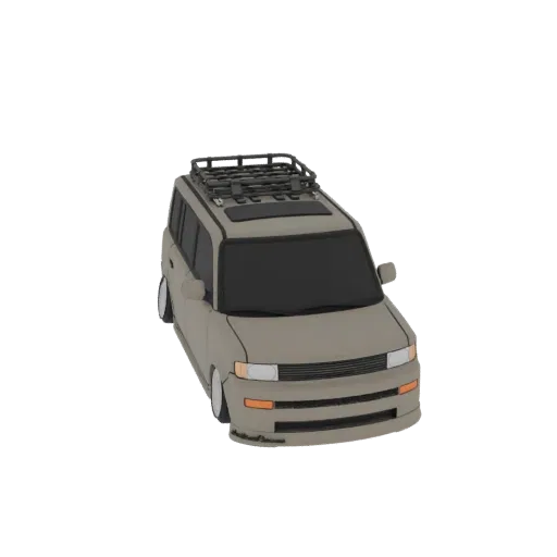 3D-модель кастомного, заниженного Scion xB с матовым покрытием и багажником на крыше, вид спереди с трех четвертей.