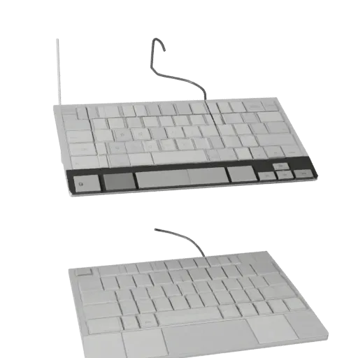 Низкополигональная 3D модель Минималистичная клавиатура, вид игрового окна в три четверти, показывающий пластик, силуэты наст