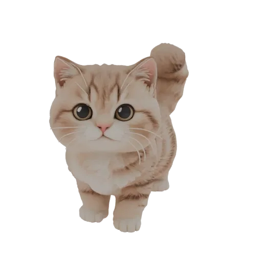 Милая пушистая 3D модель котенка табби с большими выразительными глазами, стоящая и смотрящая вперед.