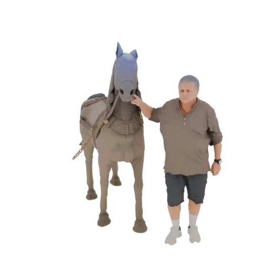 3D модель мужчины с короткими волосами и серой рубашкой, держащего голову серой лошади с голубоватым оттенком на голове.
