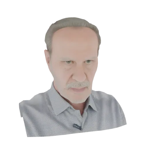 Рендер 3D модели мужчины средних лет с серьезным выражением лица, усами и рубашкой с воротником на белом фоне.
