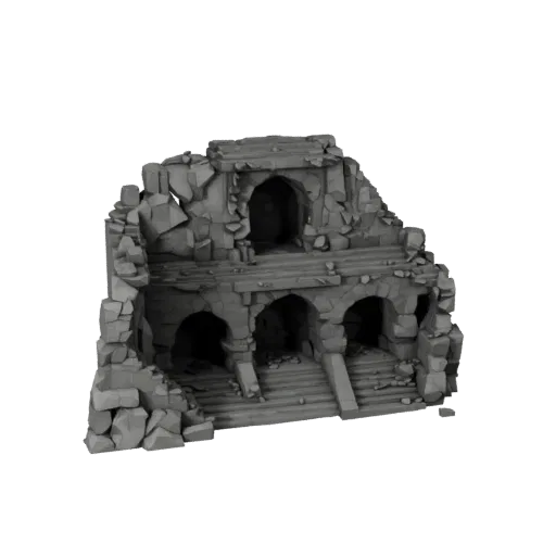 Низкополигональная 3D модель лестницы в пещере, вид с трех четвертей в игровом окне, показывающий старый камень, остатки пост