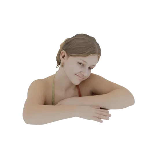 3D модель девушки с светлыми волосами, заплетенными в косу, смотрящей вниз с легкой улыбкой, руки вперед.