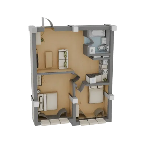 3D рендеринг современного интерьера квартиры, показывающий гостиную, две спальни и ванную комнату.