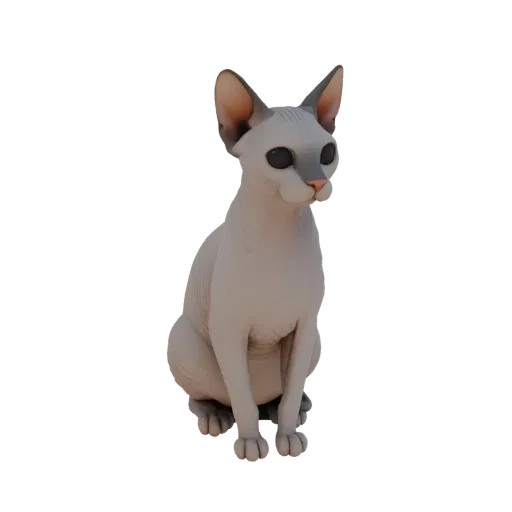 3D модель сидящего кота породы сфинкс с большими круглыми глазами, стилизованная под миниатюрную фигурку
