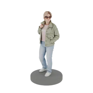 3D модель женщины в повседневной одежде со светлыми волосами, в солнцезащитных очках, светло-зеленой куртке и синих джинсах,