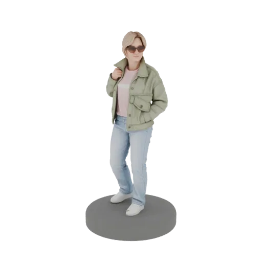 3D модель женщины в повседневной одежде со светлыми волосами, в солнцезащитных очках, светло-зеленой куртке и синих джинсах,