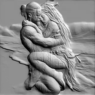 3D модель барельефа "Объятия на берегу", изображающая мужчину и женщину в нежных объятиях на фоне морских волн.