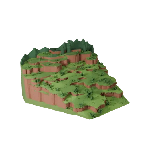 3D модель Волшебная поляна Биом Unity, изометрический вид, показывающий слои рельефа, слоистые растительные кластеры.