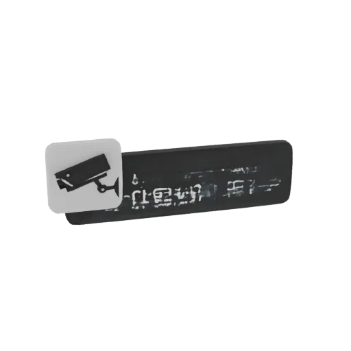 3D-модель черной таблички "Камера наблюдения" с белой иконкой камеры и китайским текстом, отрисованная на белом фоне.