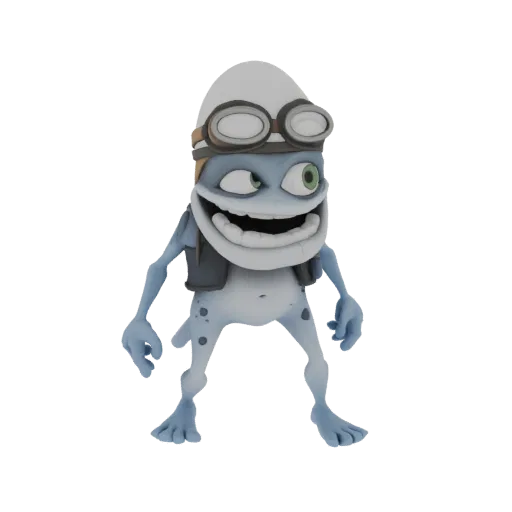 3D модель персонажа Crazy Frog в летном шлеме и очках, с широкой улыбкой и жилетом.