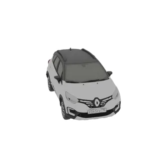 3D модель белого кроссовера-внедорожника Renault Captur с черной крышей, вид с немного приподнятого передне-левого угла.
