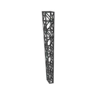 3D модель конической ферменной башни с темной металлической отделкой, демонстрирующая сложную геометрическую решетчатую струк