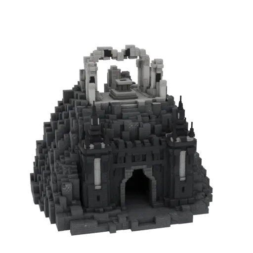 Серая 3D модель входа в древнюю каменную крепость с большой аркой и многоуровневым скалистым основанием.