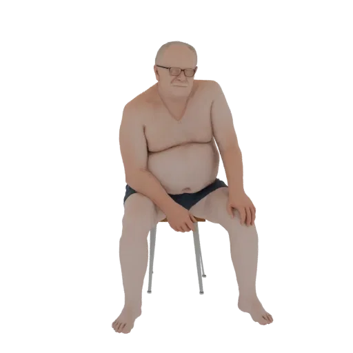 3D модель пожилого мужчины в очках, сидящего на стуле, в трусах, на белом фоне.