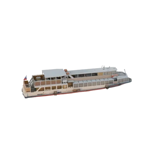 Детализированная 3D модель белого пассажирского лайнера с несколькими палубами и окнами на черном фоне.