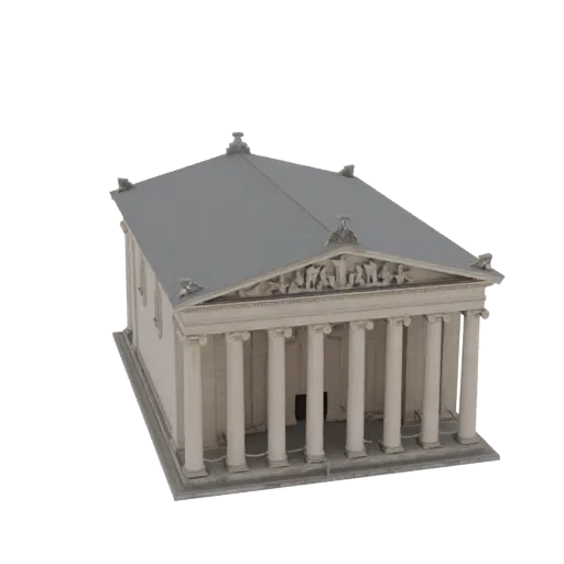 3D модель неоклассического храма с дорическими колоннами и скульптурным фронтоном на белом фоне.