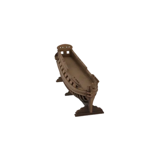3D модель деревянного галеона, вид под небольшим углом сверху, демонстрирующий детализированный корпус и палубу.