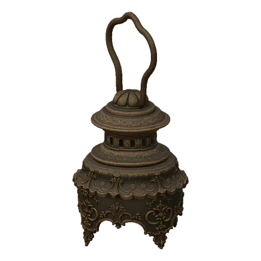 3D модель викторианского фонаря с орнаментом, замысловатой вязью и бронзовой отделкой, на черном фоне.