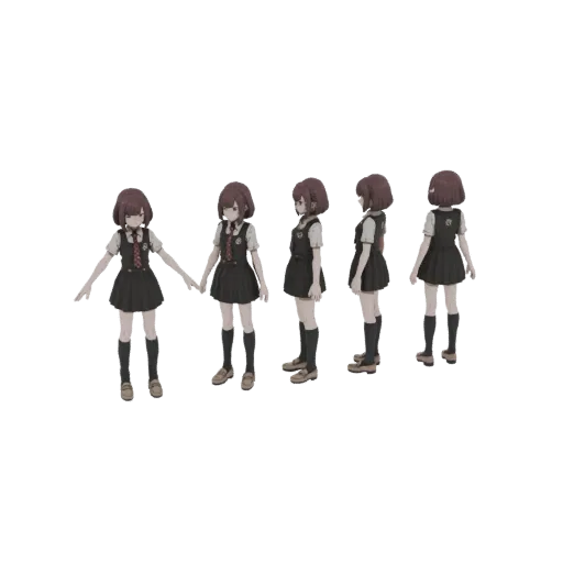 A 3D model of an anime schoolgirl in a uniform, shown from multiple angles.