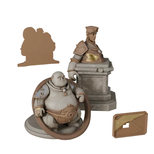 Стилизованная 3D-модель фэнтезийной статуи, предварительный просмотр которой показывает силуэт, вид в три четверти, постамент
