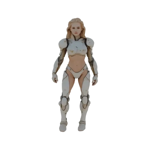 3D модель женщины-воина в стиле sci-fi в детализированной белой броне, стоящая в нейтральной позе на черном фоне.