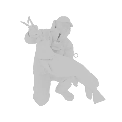 3D модель охотника в зимней одежде с дичью и щипцами, в динамичной позе.