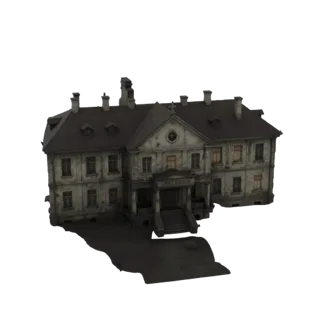 3D модель старого здания приюта в стиле неоготики с центральным входом и ступенями.