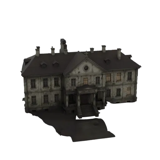3D модель старого здания приюта в стиле неоготики с центральным входом и ступенями.