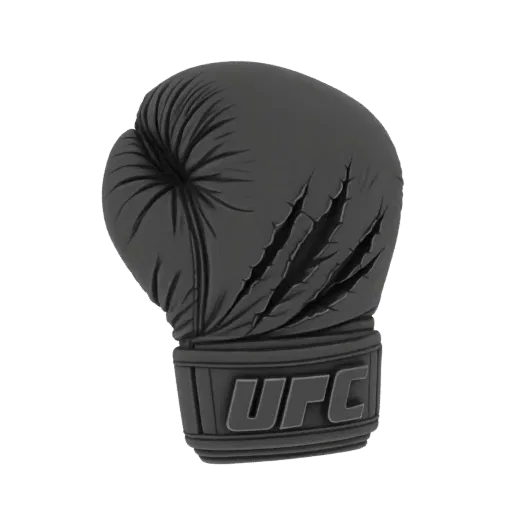 3D модель черной боксерской перчатки UFC с текстурированной поверхностью и логотипом UFC на ремешке, на белом фоне.