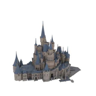 3D модель большого, богато украшенного фэнтезийного замка с кремовыми стенами и характерными синими шпилями и крышами на бело