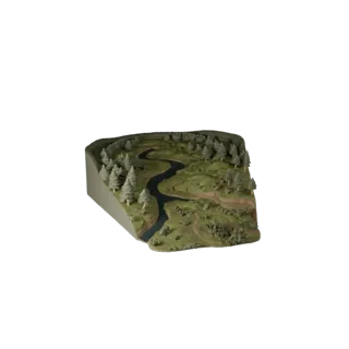 Реалистичная 3D модель биома таежной реки, рендер окружения в три четверти, показывающий слои ландшафта, снежные насыпи.