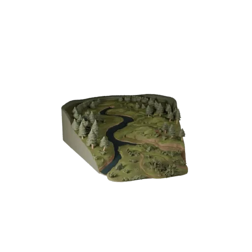 Реалистичная 3D модель биома таежной реки, рендер окружения в три четверти, показывающий слои ландшафта, снежные насыпи.