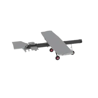 3D рендер светло-серого самолетного дрона с красными ободками колес на трехколесном шасси, представленный на белом фоне.