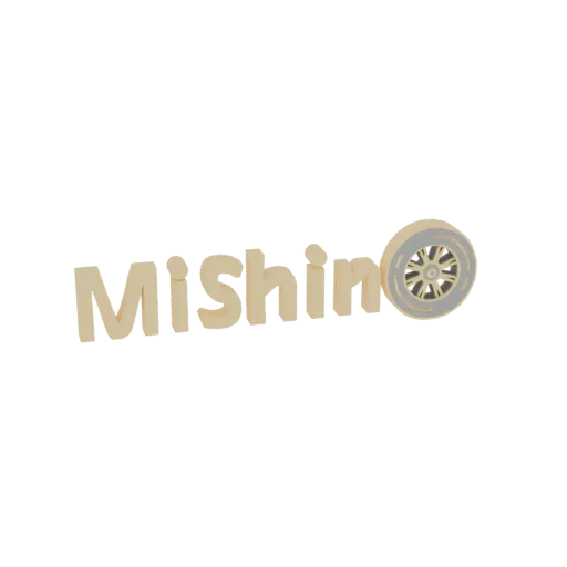 3D-модель логотипа 'MiShino', где буква 'o' заменена детализированным автомобильным колесом, с легкой песчаной текстурой.