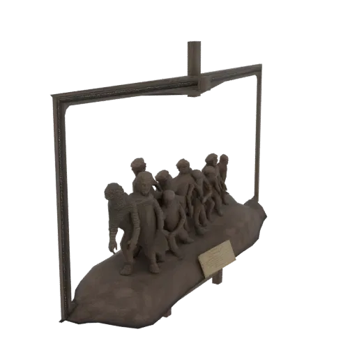 3D модель скульптуры «Бурлаки на Волге», показывающая фигуры, тянущие баржу.