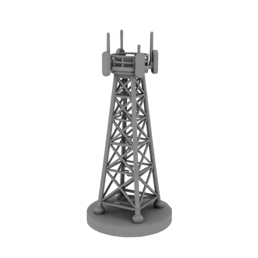 Серая 3D модель сотовой вышки с решетчатой конструкцией и антеннами, стоящая на круглом основании.