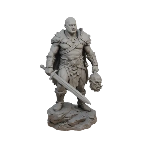 3D-модель мускулистого Охотника-Орка с мечом и отрубленной головой орка, стоящего на скалистом основании.
