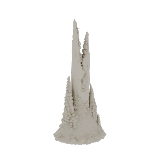 3D модель высокого, стройного инопланетного шпиля с острыми кристаллическими наростами, выступающими из его поверхности, на б
