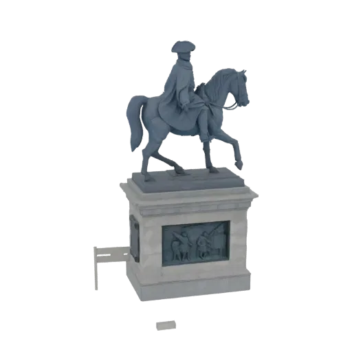 3D модель конной статуи Джорджа Вашингтона, изображающая его верхом на лошади на детализированном каменном постаменте.
